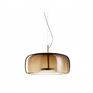 Wide coffee glass pendant light with minimalist gold base and warm LED glow