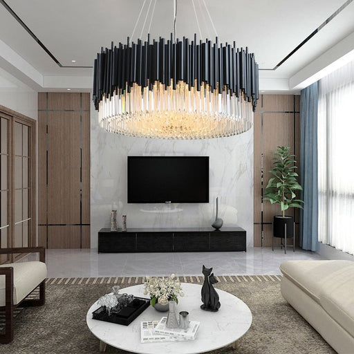 MIRODEMI® Luxury Drum Black Crystal Hanging Chandelier for living room, dining room 31.5" / Warm Light / Dimmable