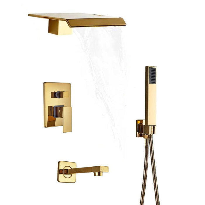MIRODEMI® Gold Waterfall Shower Faucet Set Wall Mounted Mixer Tap with Handshower 3-ways mixer valve / Shower head: 6.2*5.8"