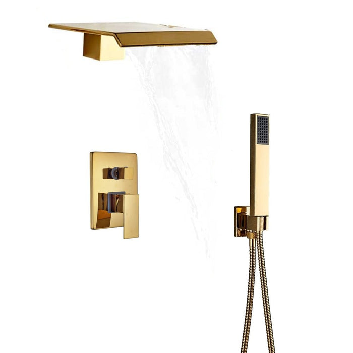 MIRODEMI® Gold Waterfall Shower Faucet Set Wall Mounted Mixer Tap with Handshower 2-ways mixer valve / Shower head: 6.2*5.8"