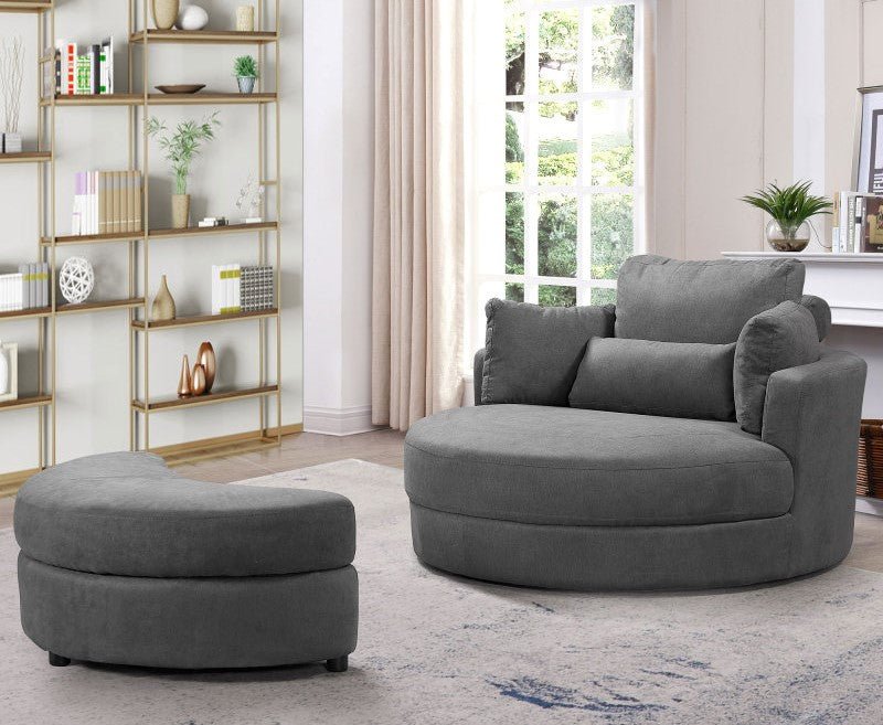 Modern Grey Sofa with a Storage and a Big Round Linen Fabric Chair for Lounge