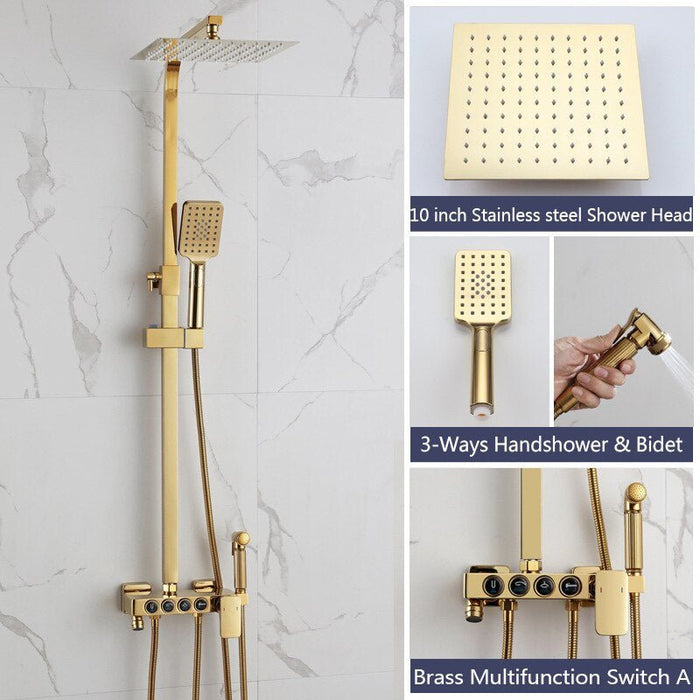 MIRODEMI® Black/Gold Brass Rainfall Bathroom Shower Set with Bidet Mixer Tap 10 inch Gold A
