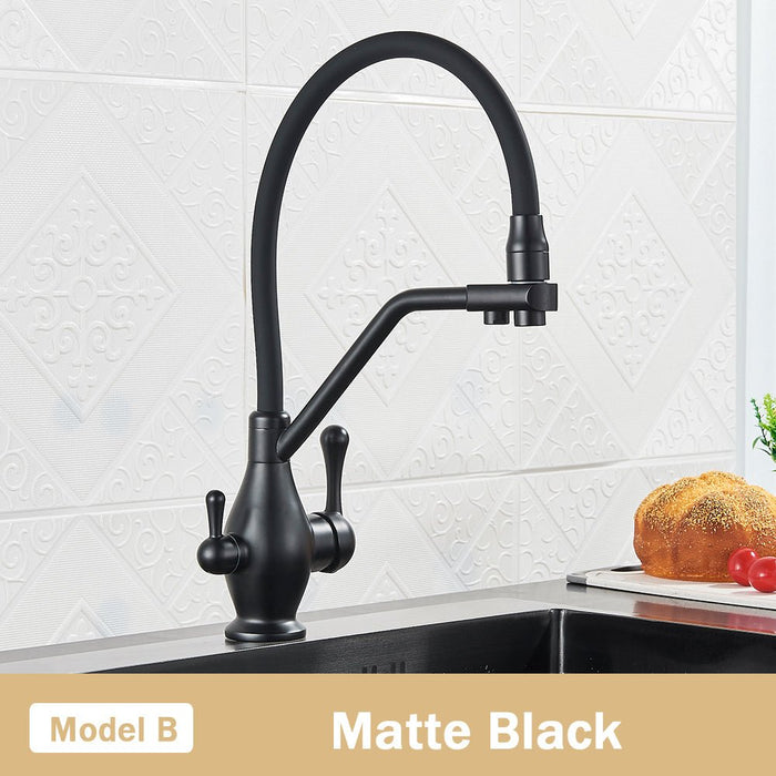 MIRODEMI® Dual Spout Swivel Pull Down Kitchen Faucet With Filter Matte Black / B