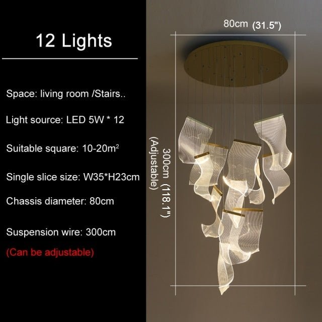 MIRODEMI® Luxury modern led light chandelier for staircase, living room, foyer, stairwell Warm Light / Dimmable / 12 Lights