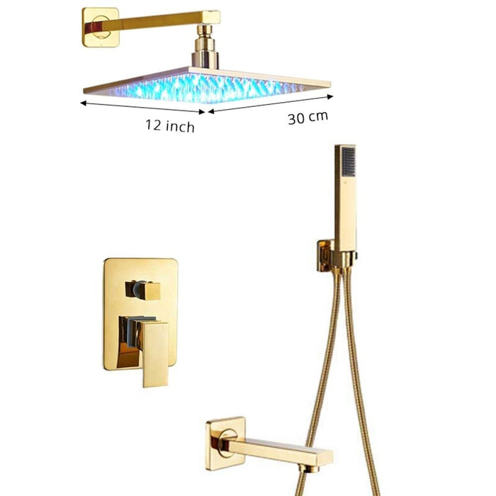 MIRODEMI® Luxury Golden Bath Shower Faucet Rainfall LED Shower Head 3-way Mixer 12'' shower head