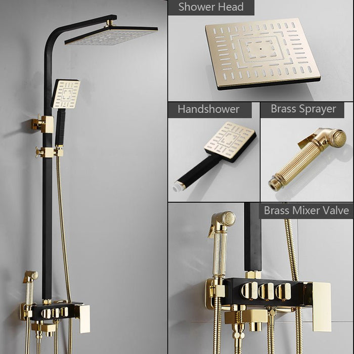 MIRODEMI® Black/Gold Brass Rainfall Bathroom Shower Set with Bidet Mixer Tap Black-Gold