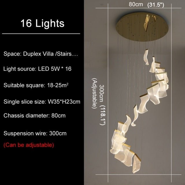 MIRODEMI® Luxury modern led light chandelier for staircase, living room, foyer, stairwell Warm Light / Dimmable / 16 Lights