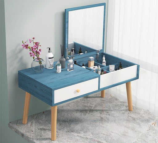 Wooden Dressing Table with Storage and Folding Mirror Blue / L60.0cm / L23.6"