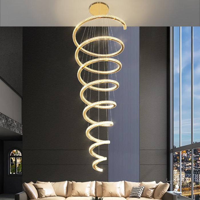 MIRODEMI® Long Spiral Hanging Crystal Golden Chandelier for Staircase, Living Room