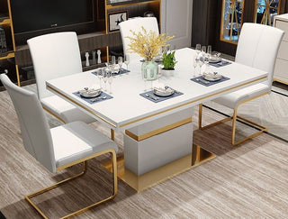Set of 2 white dining side chairs in PU leather with gold-tone iron legs