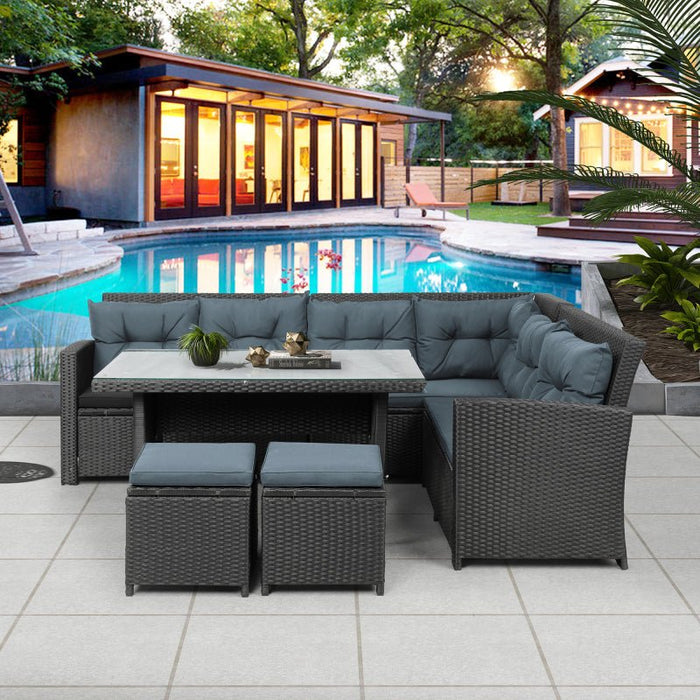 6-Piece Outdoor  Patio Set with Glass Table and Ottomans for Pool, Backyard, Lawn