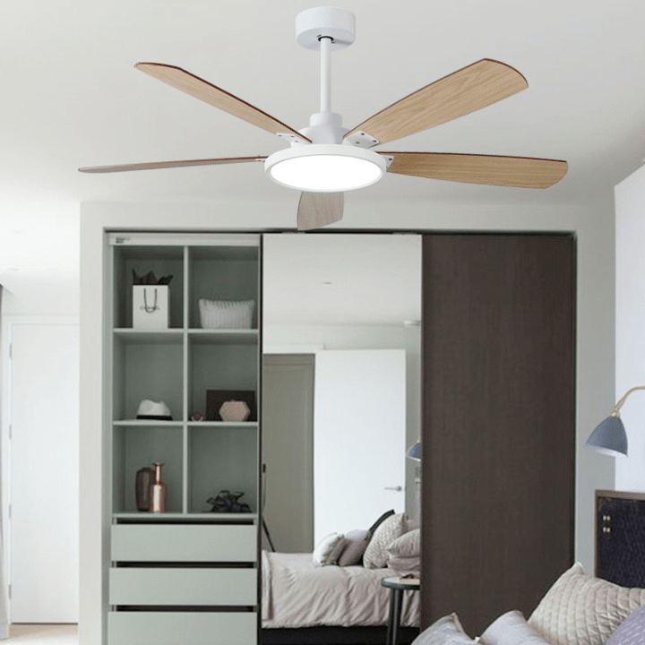 Five-blade plywood ceiling fan with glass LED lamp, 52-inch span and DC motor