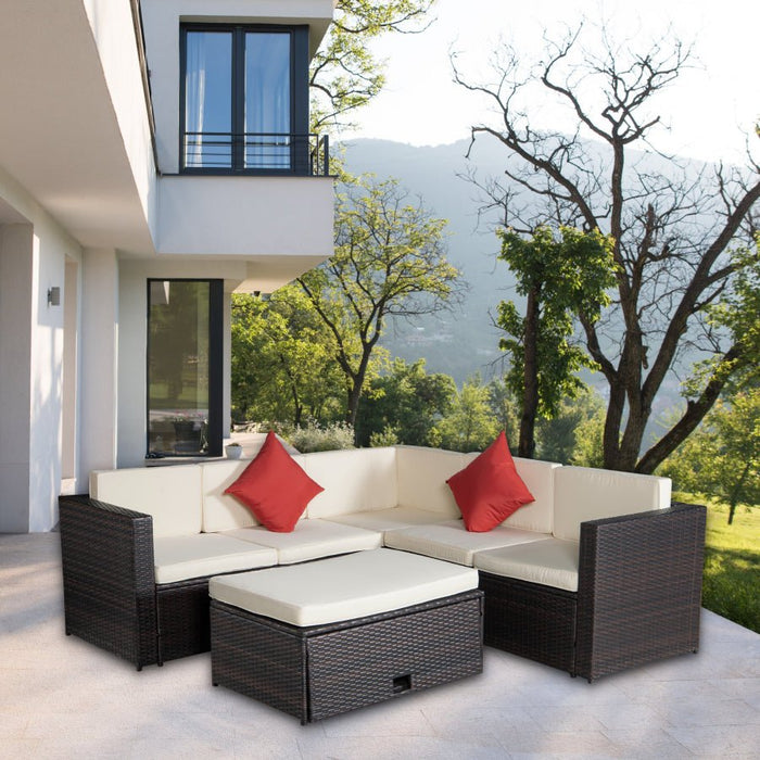 4-Piece Patio Set of Brown Poly Rattan Beige Cushion Combined with 2 Red Pillows image | luxury furniture | outdoor furniture