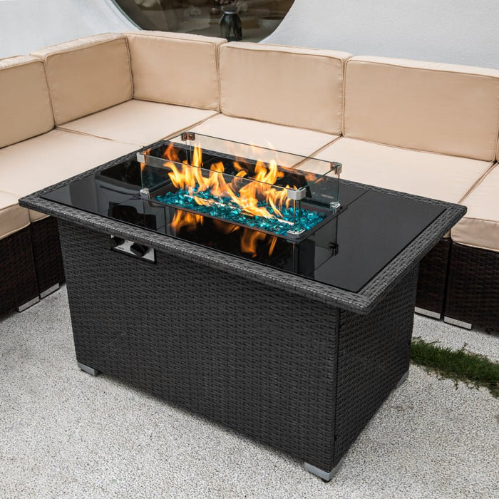 MIRODEMI® Outdoor 44" Black Rectangle Fire pit Table with Tempered Glass Tabletop