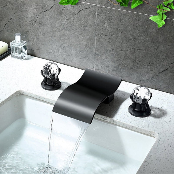 MIRODEMI® Black Dual Crystal Knobs Deck Mount Waterfall Bathroom Sink Faucet