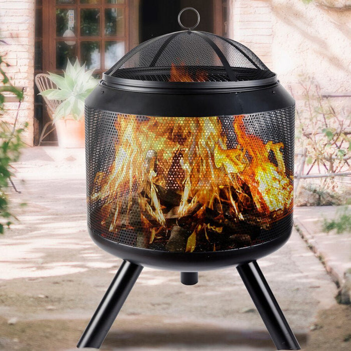 MIRODEMI® Black Steel Outdoor Large Fire Pit Bowl With Spark Screen for Camping, Backyard