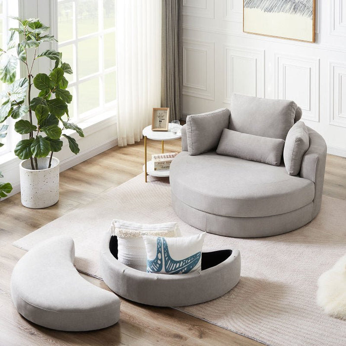 Modern Grey Sofa with a Storage and a Big Round Linen Fabric Chair for Lounge