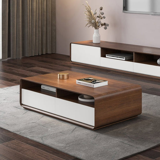 Rectangular Wooden Coffee Table with 4 Drawers and Open Shelf Storage
