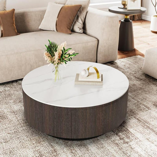 Modern Round Drum Coffee Table with Solid Wood Drawers