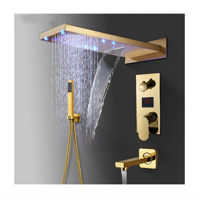 MIRODEMI Gold Rain Waterfall LED Shower Faucet Wall Mounted 3-ways Shower Mixer Tap Model B / Shower head: 9*21.6"