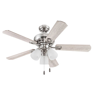 Brushed nickel 44" ceiling fan featuring a 3-speed reversible motor and pull-chain control