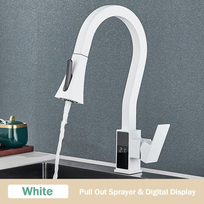 MIRODEMI® Pull Out Digital Temperature Display Flexible Kitchen Faucet White