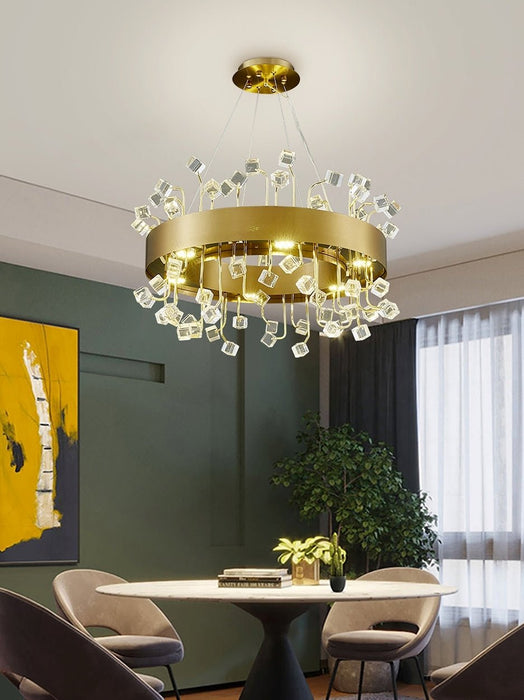MIRODEMI® Gold Round Colorful Crystal Chandelier for Living room, Kitchen Square crystal / Dia23.6*H15.7" / Warm White