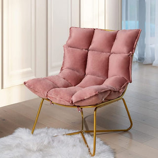 Pink velvet lounge accent chair made of velvet with metal legs, minimalist modern style