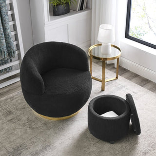 Barrel accent chair with ottoman in stainless steel, foam, and solid wood for the living room
