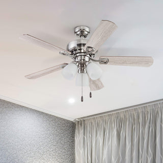 44-inch brushed nickel ceiling fan with wood and glass accents and A15 bulb lighting for indoor rooms