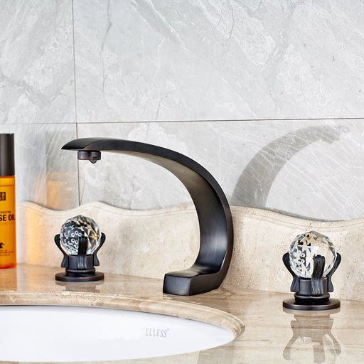 MIRODEMI® Black Dual Crystal Knobs Deck Mount Waterfall Bathroom Sink Faucet Jo1102