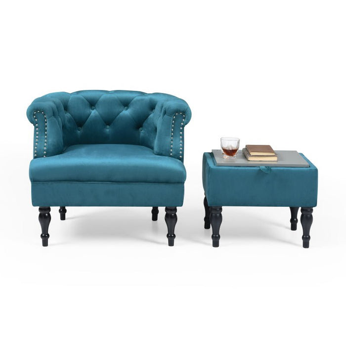 Set of Upholstered Velvet Accent Chair and Storage Ottoman Azure