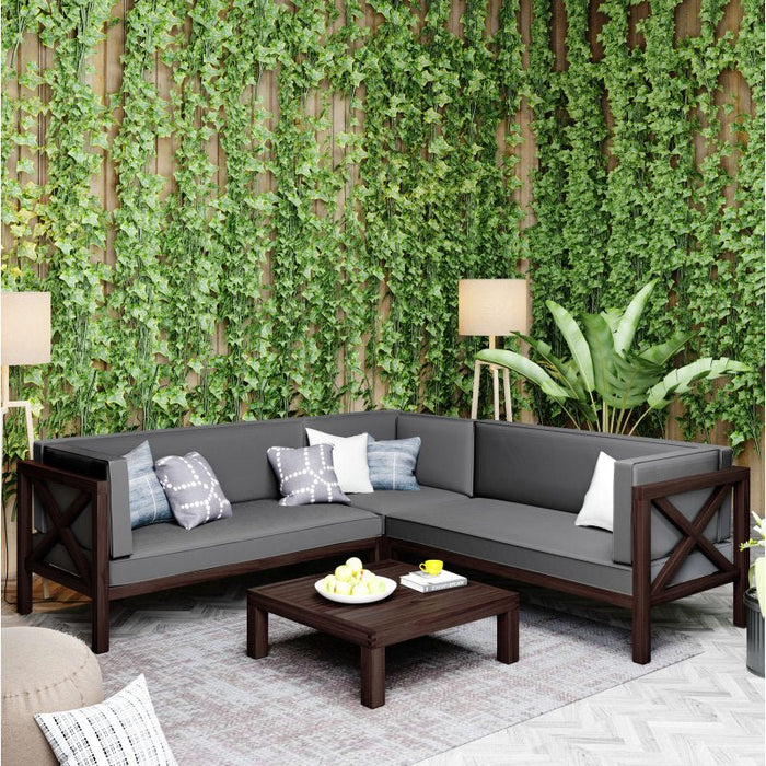 Outdoor Wood Patio of 4-Piece Sectional Seating Group with Cushions and Table