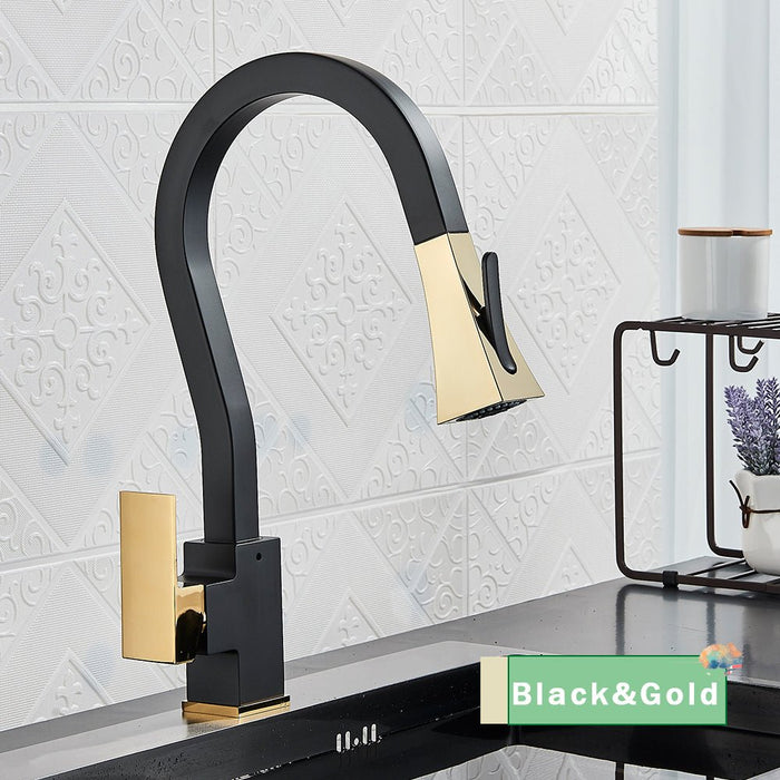 MIRODEMI® Kitchen Faucet with Flexible Pull Down Sprayer Mixer Tap Black Gold