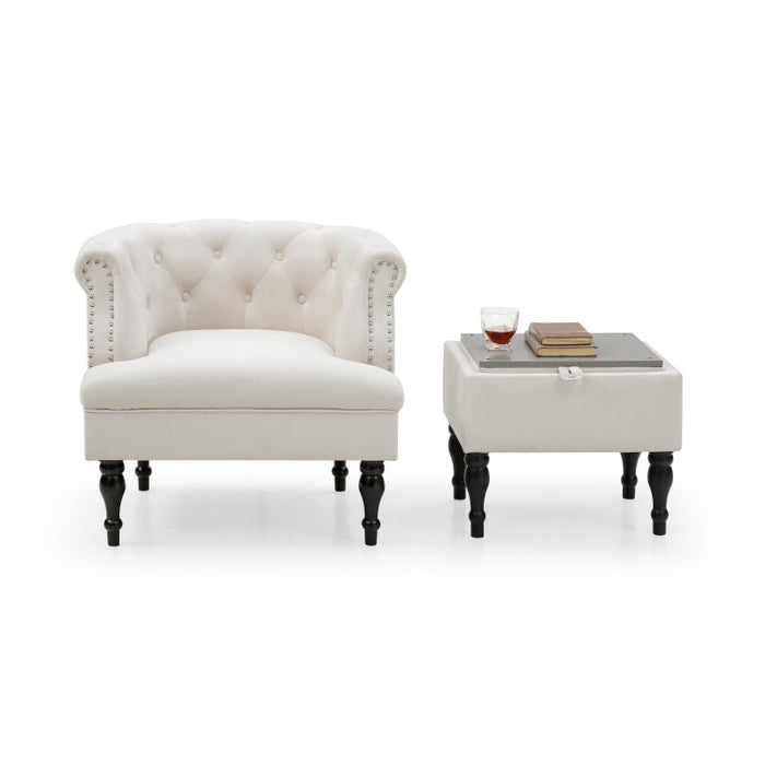 Set of Upholstered Velvet Accent Chair and Storage Ottoman White