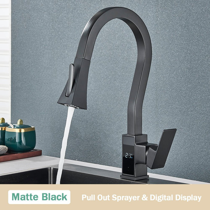 MIRODEMI® Pull Out Digital Temperature Display Flexible Kitchen Faucet Matte Black