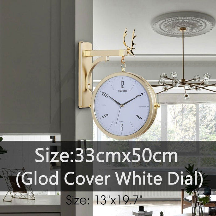 Double Sided Mount Round Station Wall Clocks with Metal Frame Gold Cover / White Dial