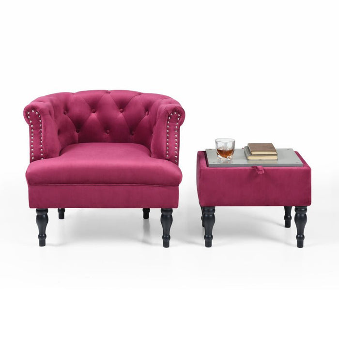 Set of Upholstered Velvet Accent Chair and Storage Ottoman Fuchsia