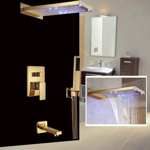 MIRODEMI® Gold Rain Waterfall LED Shower Faucet Wall Mounted 3-ways Shower Mixer Tap Model A / Shower head: 9*21.6"