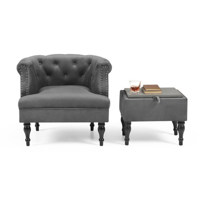 Set of Upholstered Velvet Accent Chair and Storage Ottoman Grey