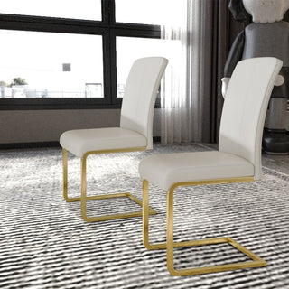 White minimalist modern dining side chair in PU leather with gold-tone iron legs