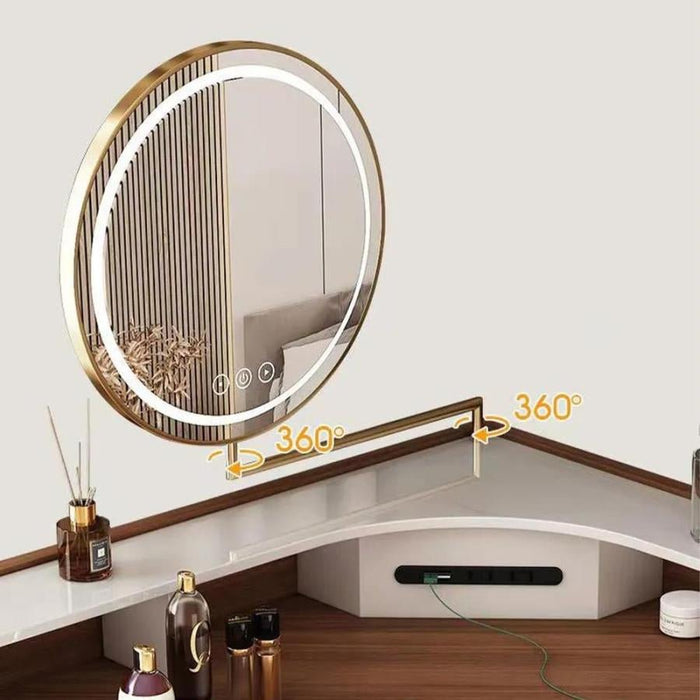 Corner Makeup Vanity Table with LED Lighted Mirror and a Wooden Stool image | luxury furniture | makeup mirror | makeup table
