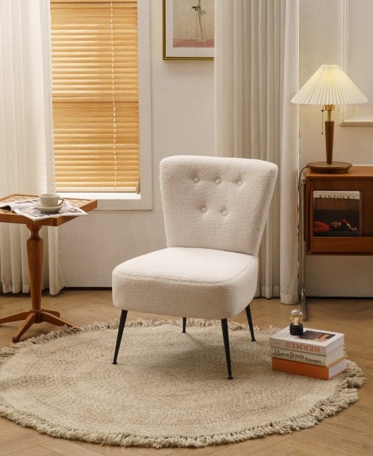 Ivory Teddy Fabric Slipper Accent Chair with Black Metal Legs