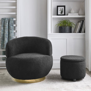 Minimalist modern barrel accent chair with ottoman in stainless steel, foam, and solid wood