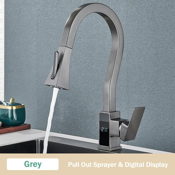 MIRODEMI® Pull Out Digital Temperature Display Flexible Kitchen Faucet Grey