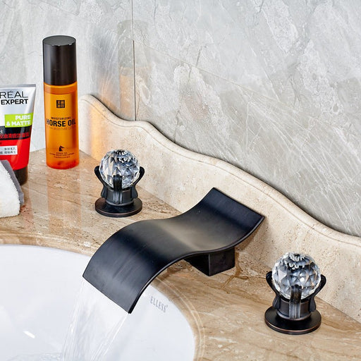 MIRODEMI® Black Dual Crystal Knobs Deck Mount Waterfall Bathroom Sink Faucet Jo1103