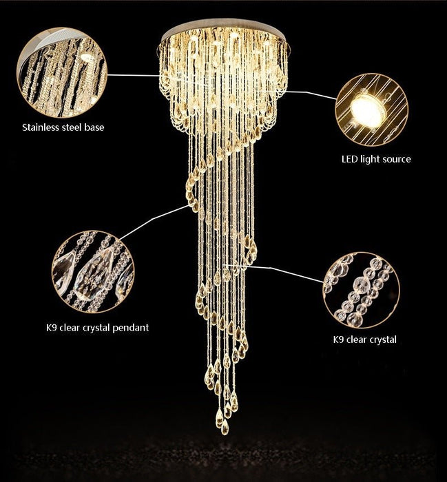 MIRODEMI® Double Spiral Staircase Crystal Chandelier for Loft, Restaurant, Hotel, Hall, Stairwell  D31.5*H78.7"  / warm light (3000K)