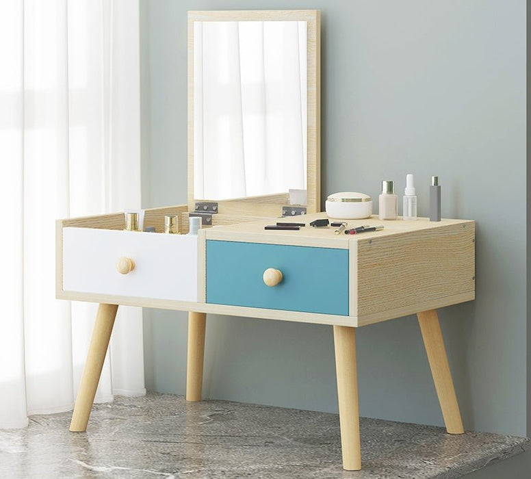 Light Wooden Dressing Table with Storage and Folding Mirror