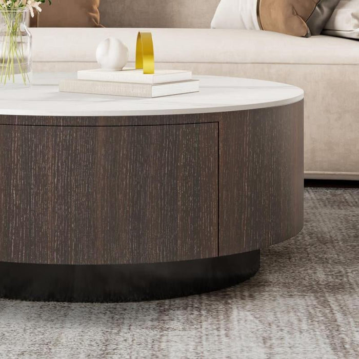 Modern Round Drum Coffee Table with Solid Wood Drawers