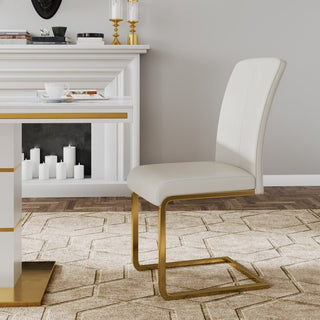 Set of 2 Dining Side Chairs with White Leather Upholstered and Gold Legs White
